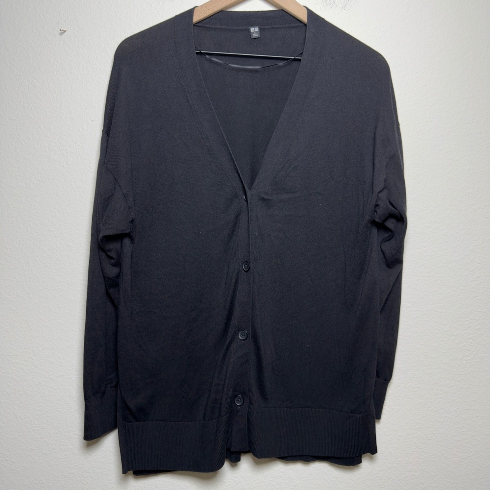 Uniqlo Women Cardigan Sweater Large Black V Neck Button Up Preppy Minimalist‎